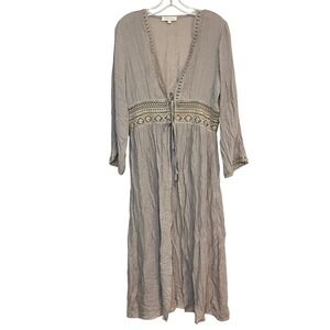 Boho Rebellion Again Duster Taupe Crochet Lace Trim Cardigan Cover Up Large